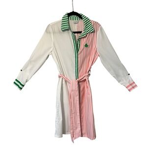 Ivy Storehouse Shirt Dress Women Small Pink Green Stripe Belted Collared Midi